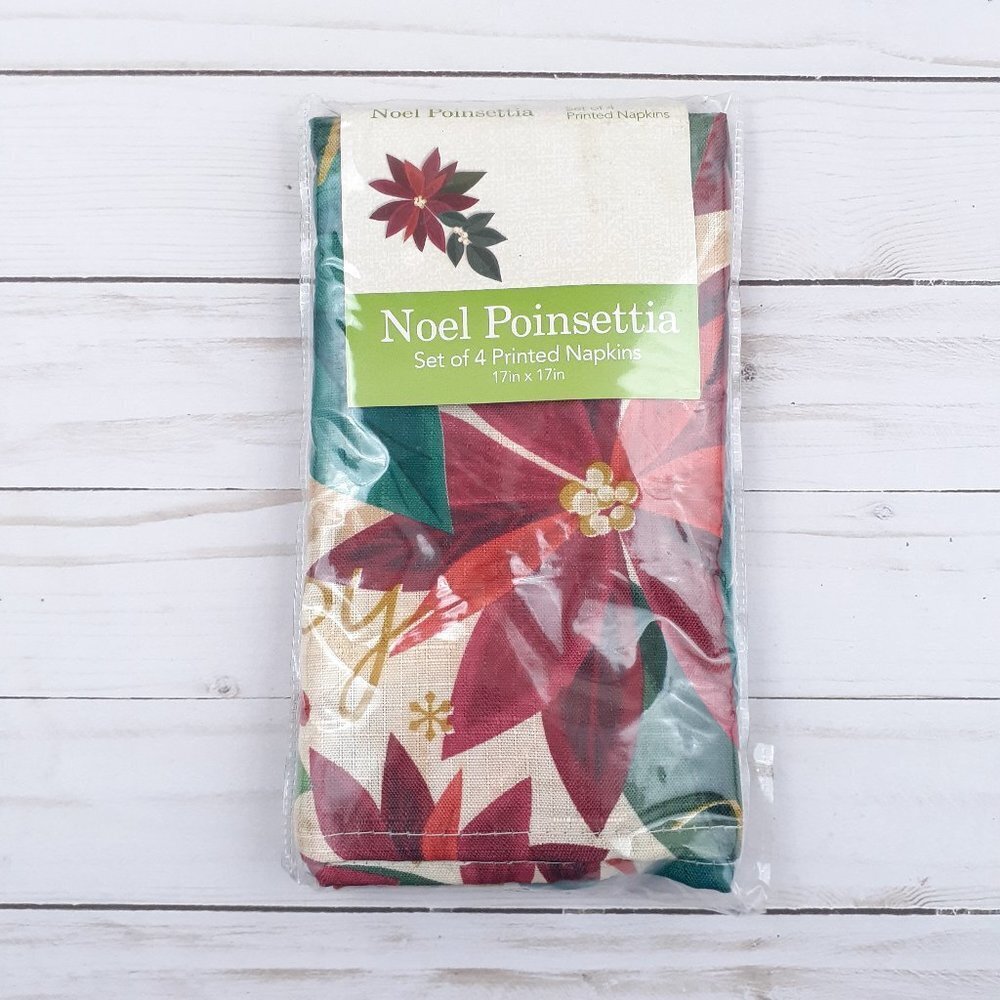 Fabric Dinner Napkins Christmas Noel Poinsettia Flowers 17x17 in Set of 4